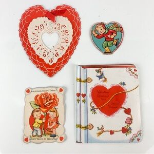 Antique Vintage Valentines Lot of 4 Heart Skater Boy Girl Rose Bird diecut cards